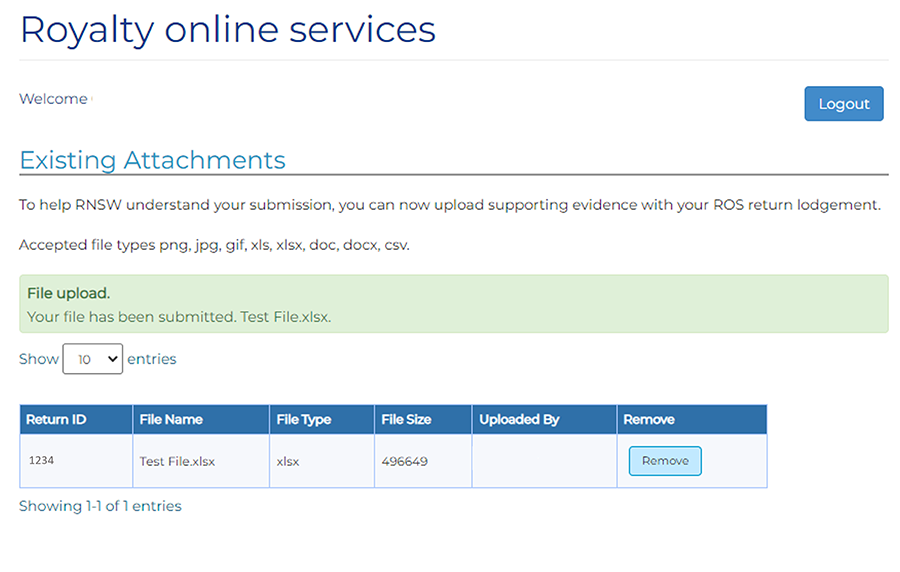 This is the document upload screen showing a successful upload of an attachment to the royalty return.