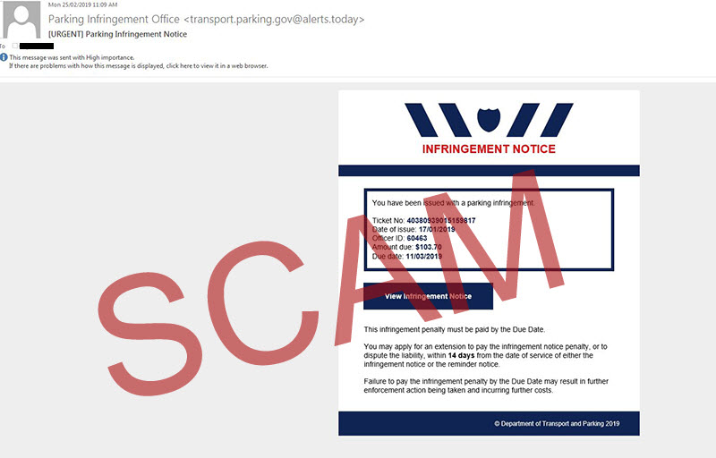 A scam email sent to people wanting payment details for a fake parking fine