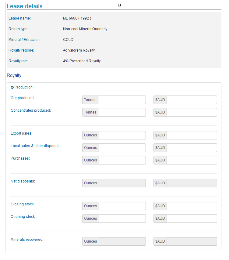 The Lease details screen in Royalty Online Services.