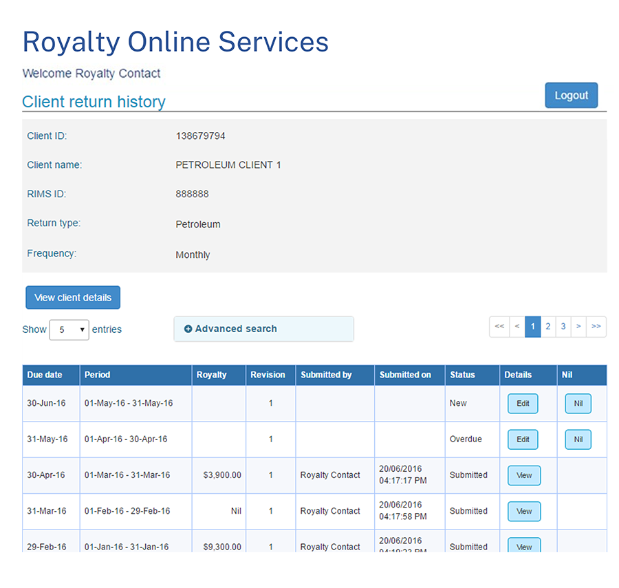 The Client return history screen of Royalty Online Services