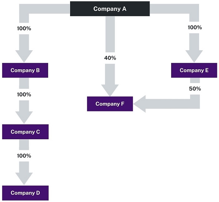 The example demonstrates how Company A has voting control over the subsidiary companies
