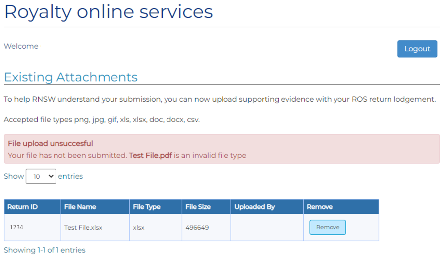 This is the document upload screen showing an unsuccessful upload of an attachment to the royalty return.