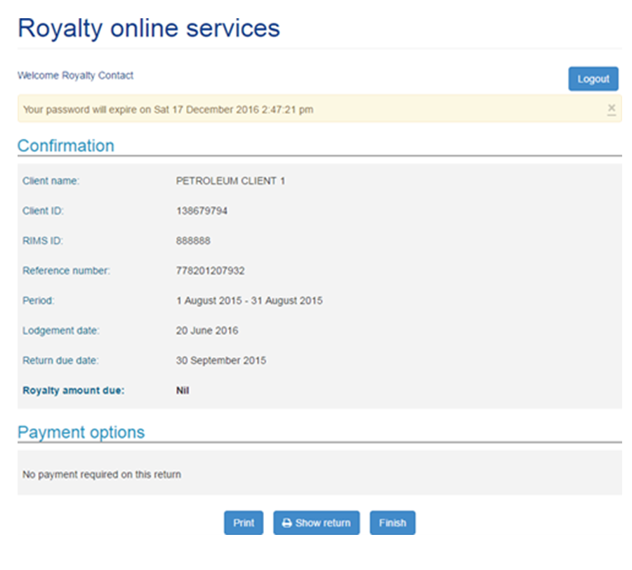 The Confirmation screen in Royalty Online Services.