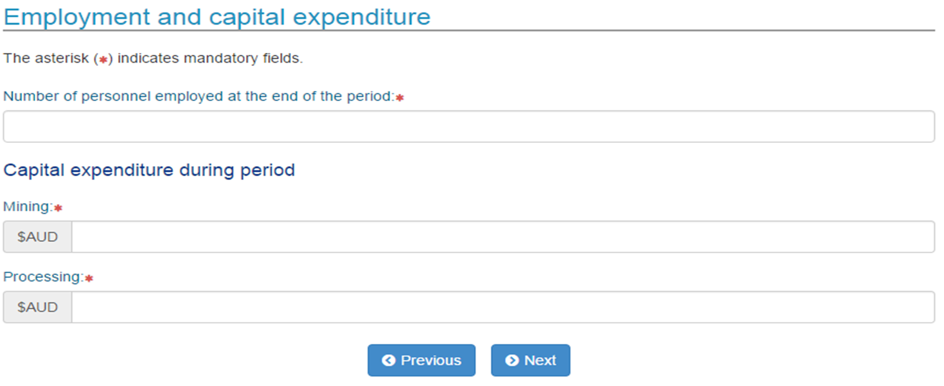 The employment and capital expenditure screen in Royalty Online Services.