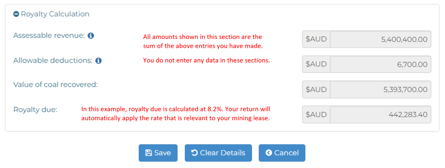This is the Royalty Calculation screen. It calculates the royalty payable from the data you have entered. 