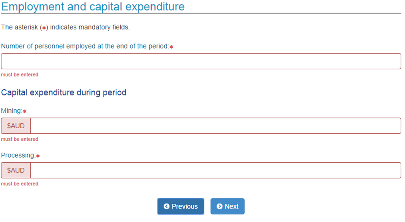 Employment and expenditure screen in Royalty Online Services.